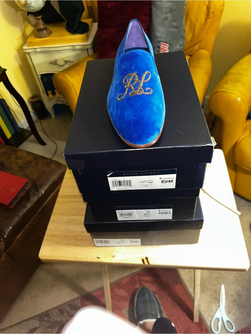 Ralph Lauren Cobalt Blue Velvet Loafers with Gold Monogram